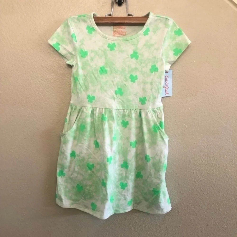 Cat & Jack Girls Green Shamrock Short  Sleeves Pocket Babydoll Style Dress Sz L